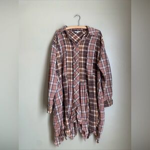 OLI & HALI Plaid Quilted Tunic Blouse Top Brown Flannel Handkerchief Hem Boho M